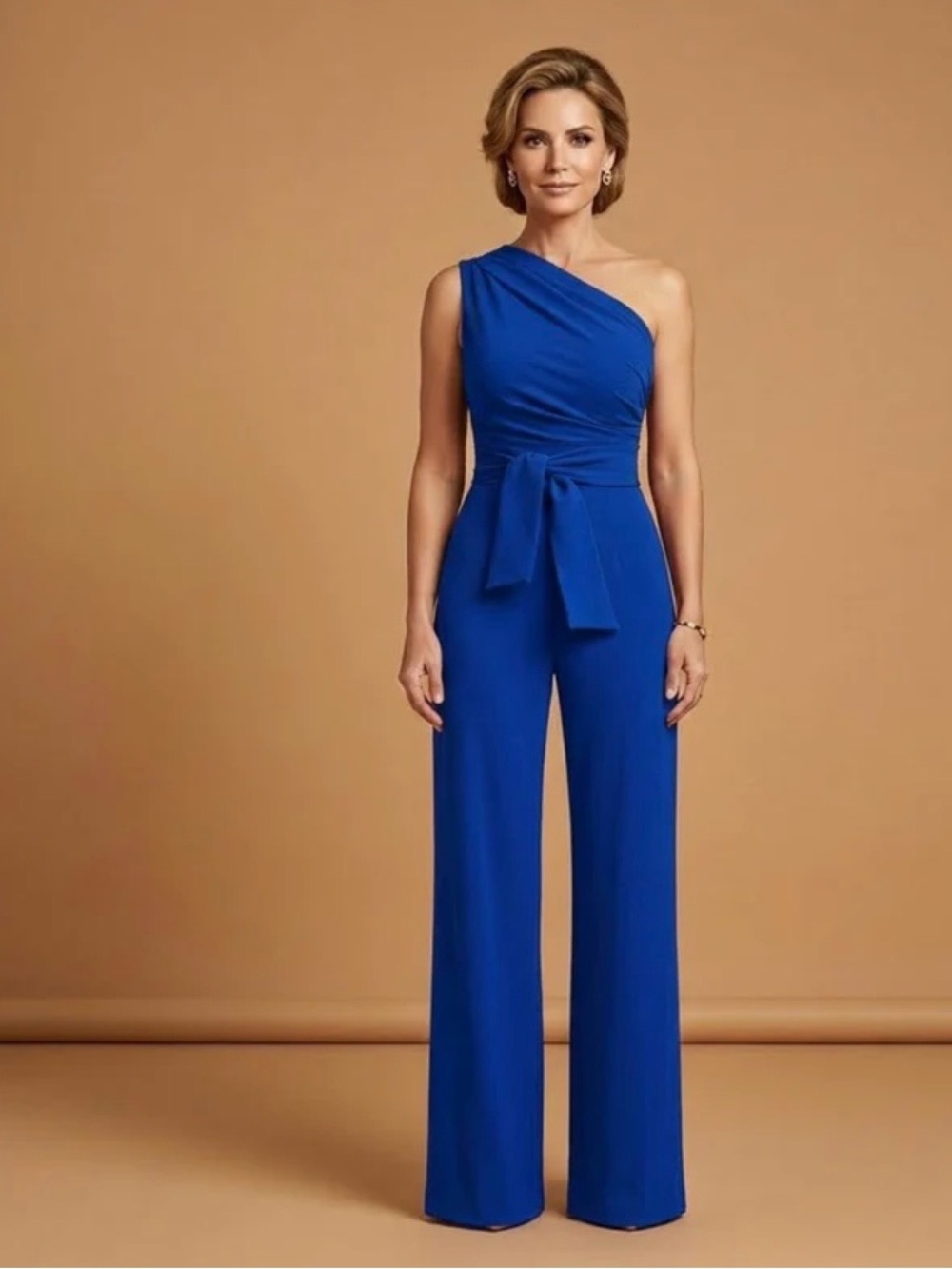 One-Shoulder Cobalt Blue Jumpsuit with Waist Tie